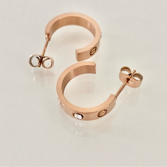 Rose Gold Small Screw Zirconia Hoops - Picture 4 of 8